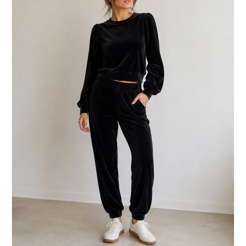 Goldie Lewinter Crush Black Velour Sweatshirt & Joggers Sweatsuit Set Size XS